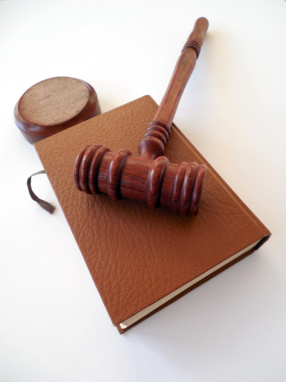 Gavel on a brown leather-bound notebook with a wooden base.