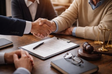Handshake over legal documents with gavel and scales